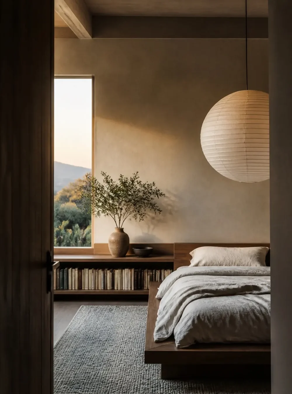 Calm bedroom with linen, clay plaster, and a paper lantern