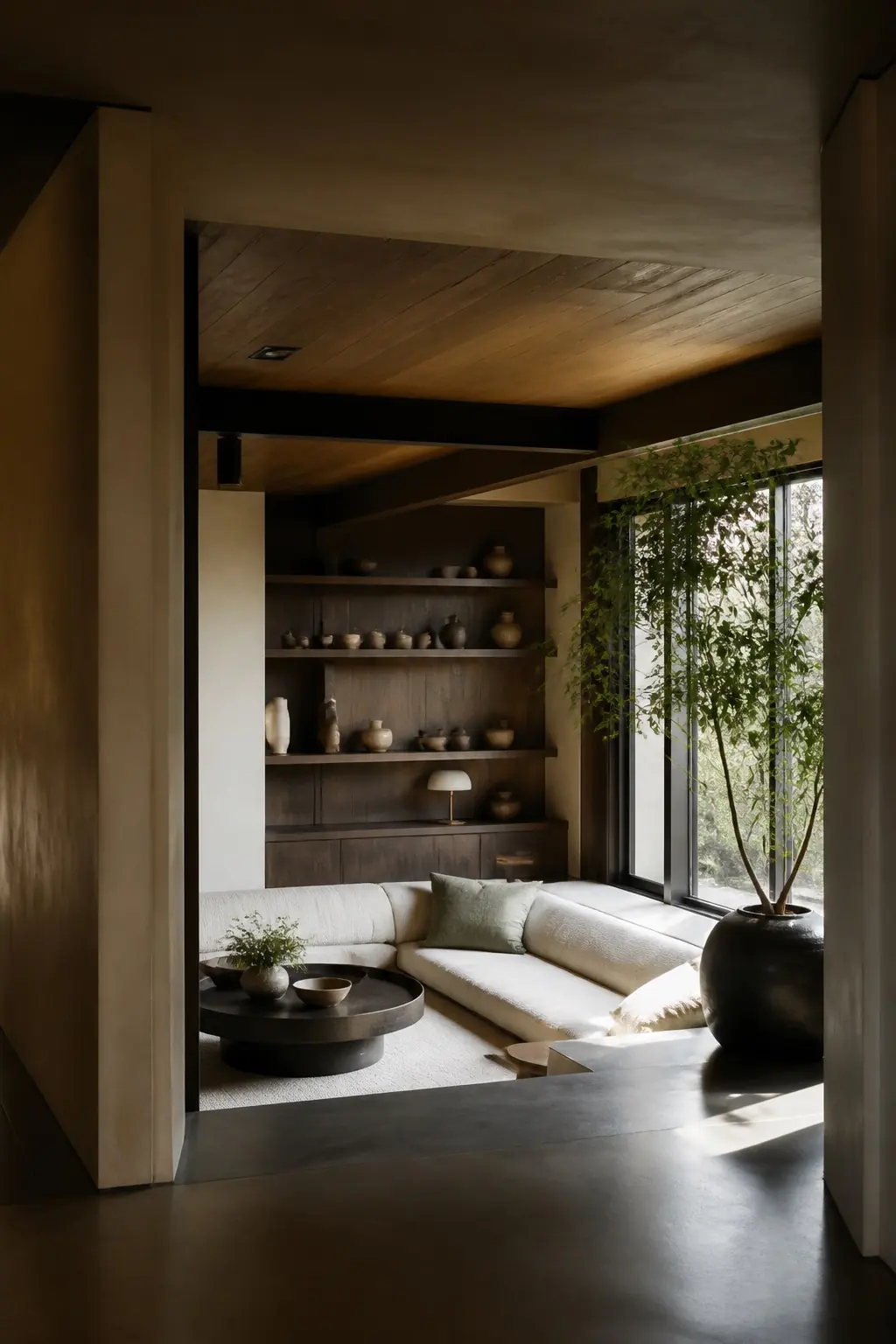 Intimate living room framed by warm plaster walls